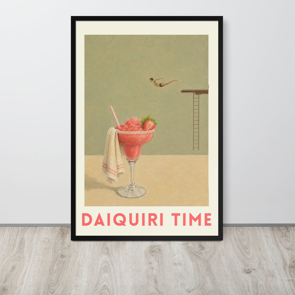 Vintage-style poster shows a pink strawberry daiquiri cocktail with strawberries in a glass, a small towel, a diving board with a diver, and the text 'DAIQUIRI TIME' in pink at the bottom.