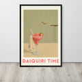 Vintage-style poster shows a pink strawberry daiquiri cocktail with strawberries in a glass, a small towel, a diving board with a diver, and the text 'DAIQUIRI TIME' in pink at the bottom.