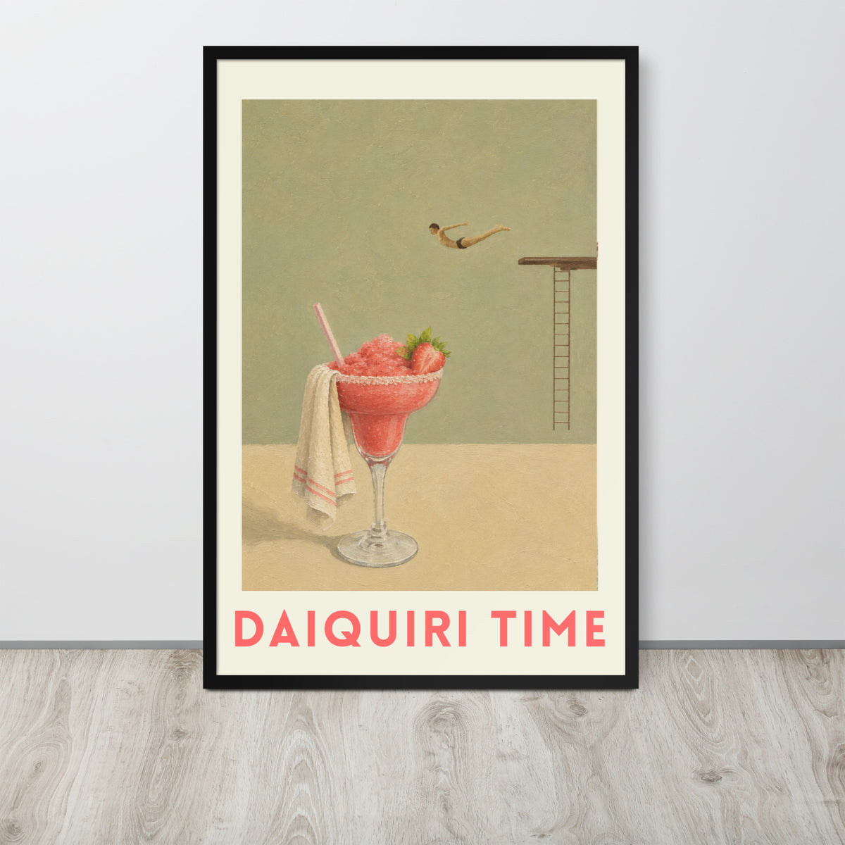 Vintage-style poster shows a pink strawberry daiquiri cocktail with strawberries in a glass, a small towel, a diving board with a diver, and the text 'DAIQUIRI TIME' in pink at the bottom.