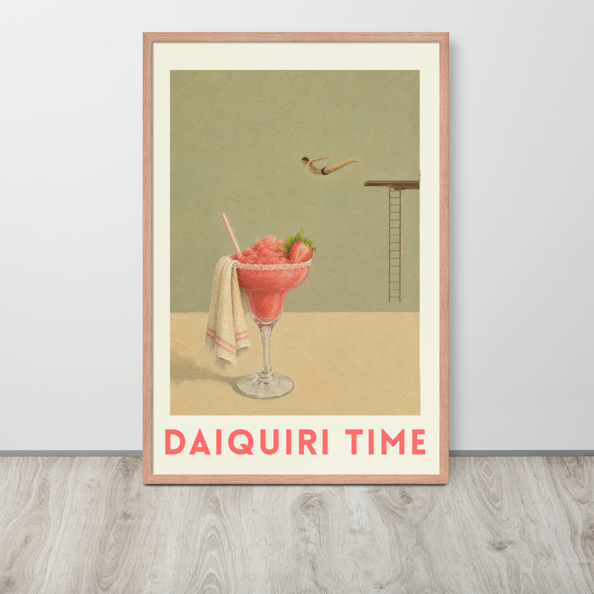 A framed art print featuring a retro-style illustration of a pink daiquiri cocktail with strawberries and a diving board, with the text 'DAIQUIRI TIME' at the bottom.