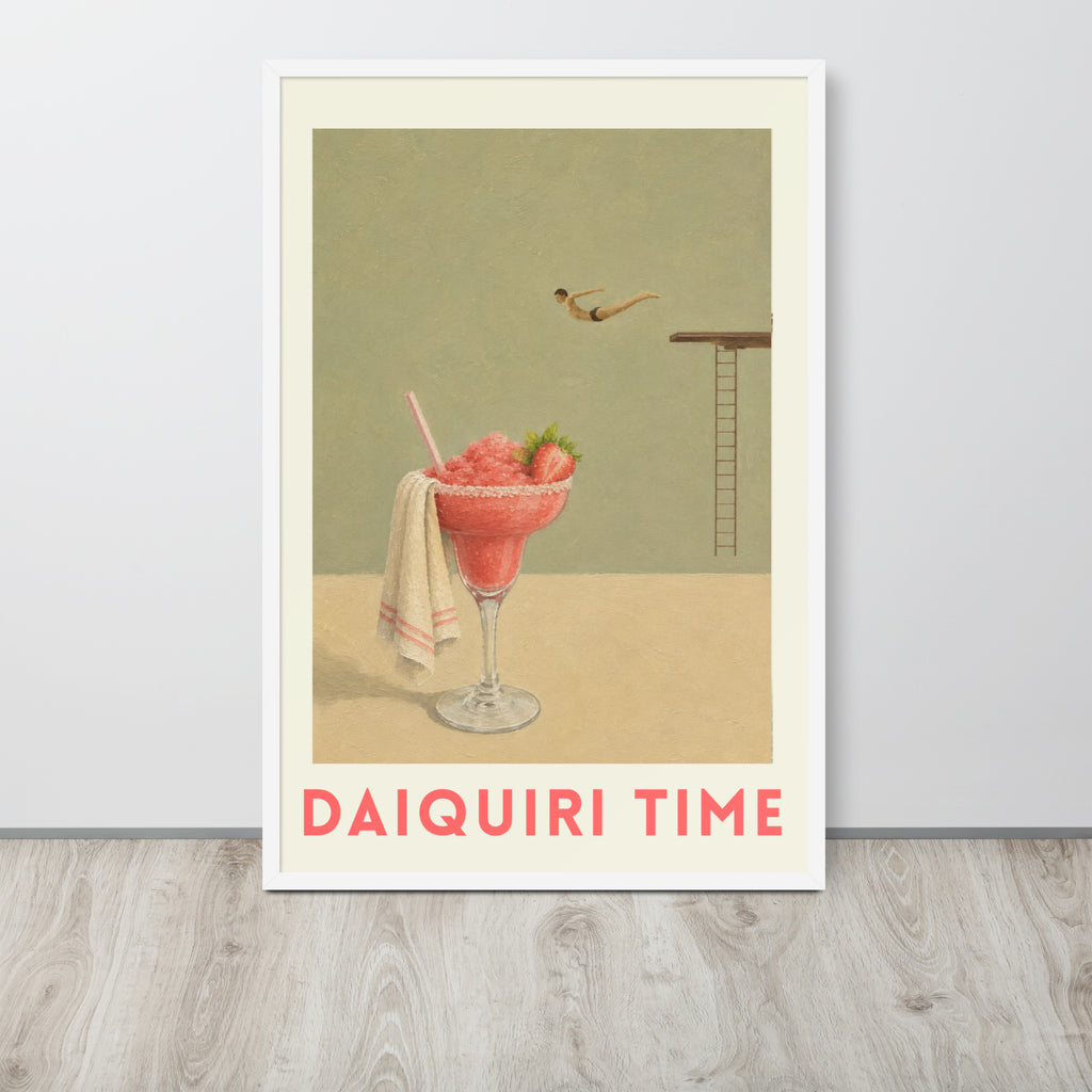 Vintage-style poster artwork shows a pink drink with strawberries and a towel in a glass, a diver in midair, and the text 'DAIQUIRI TIME' at the bottom.