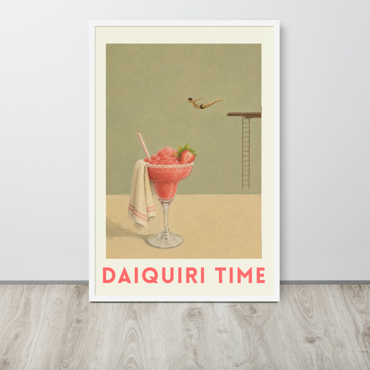 Vintage-style poster artwork shows a pink drink with strawberries and a towel in a glass, a diver in midair, and the text 'DAIQUIRI TIME' at the bottom.