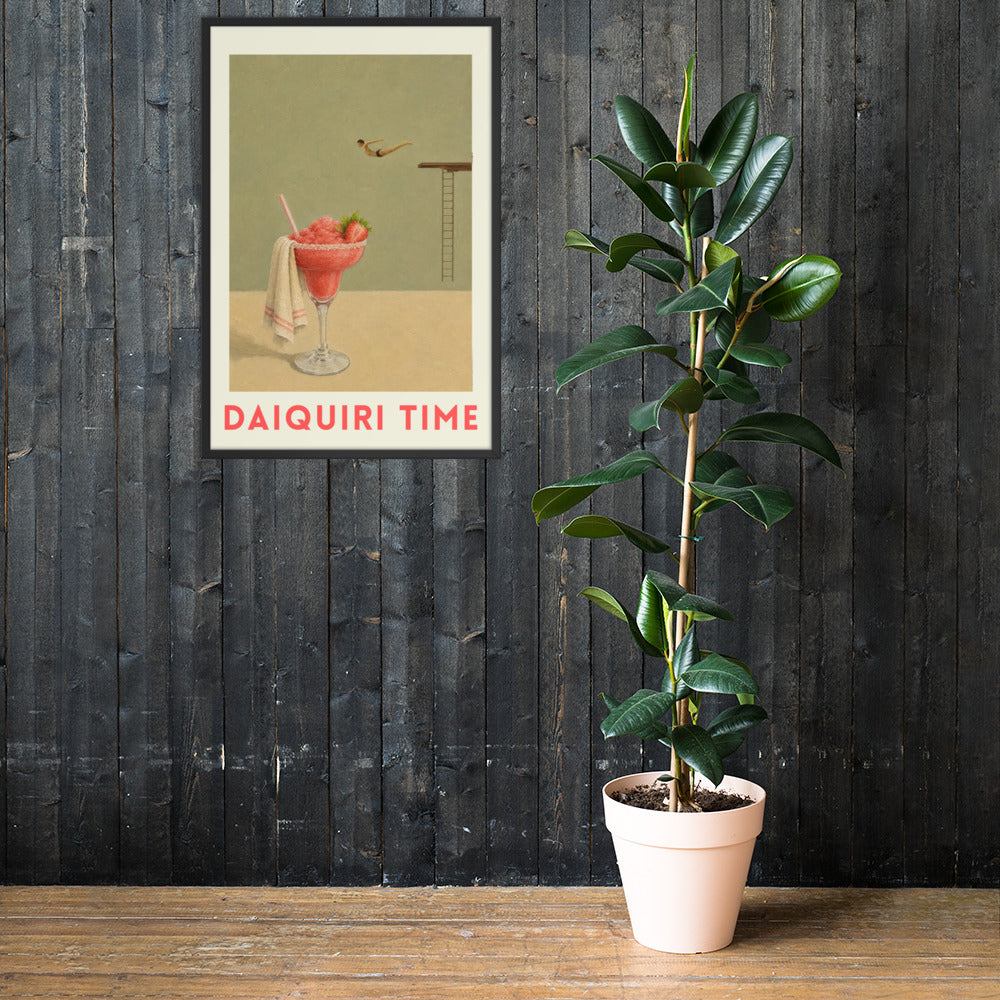 A framed vintage-style cocktail diver poster reading 'DAIQUIRI TIME'.
