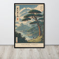 Vintage-style Japanese art print depicting a scenic mountain and forest landscape with a large tree, river, and clouds. The print includes the text 'YAKUSHIMA FOREST JAPAN' at the bottom.