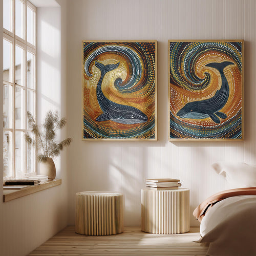 Aboriginal Set of 2 Whale Prints featuring 2 piece wall art, perfect set of 2 art for home decor