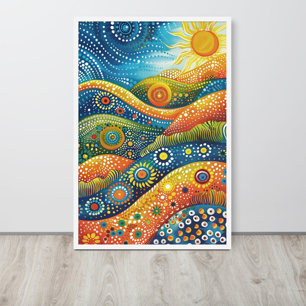 Aboriginal Dot Art Sunrsie Print hanging as vibrant wall art decor with a diversity art look