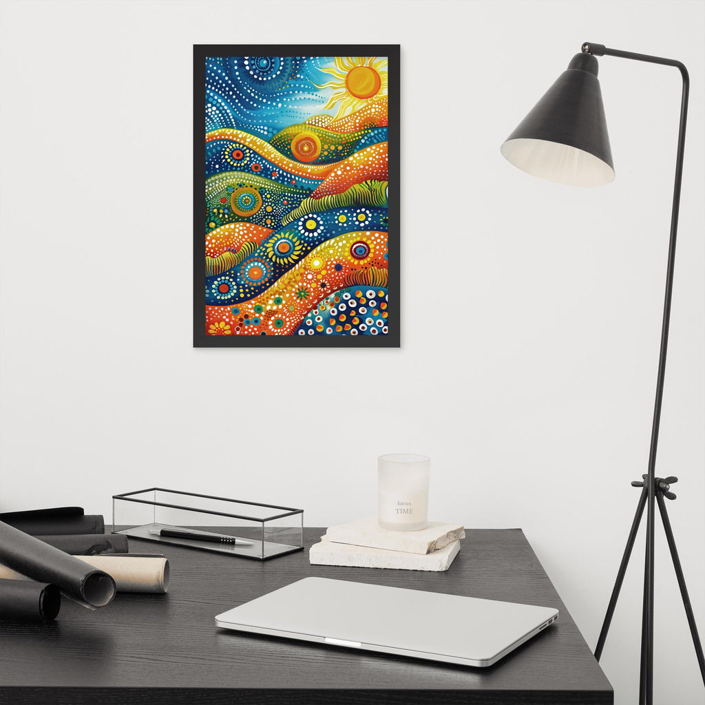 Aboriginal Dot Art Sunrsie Print styled on a wall, blending aboriginal poster and dot art inspiration