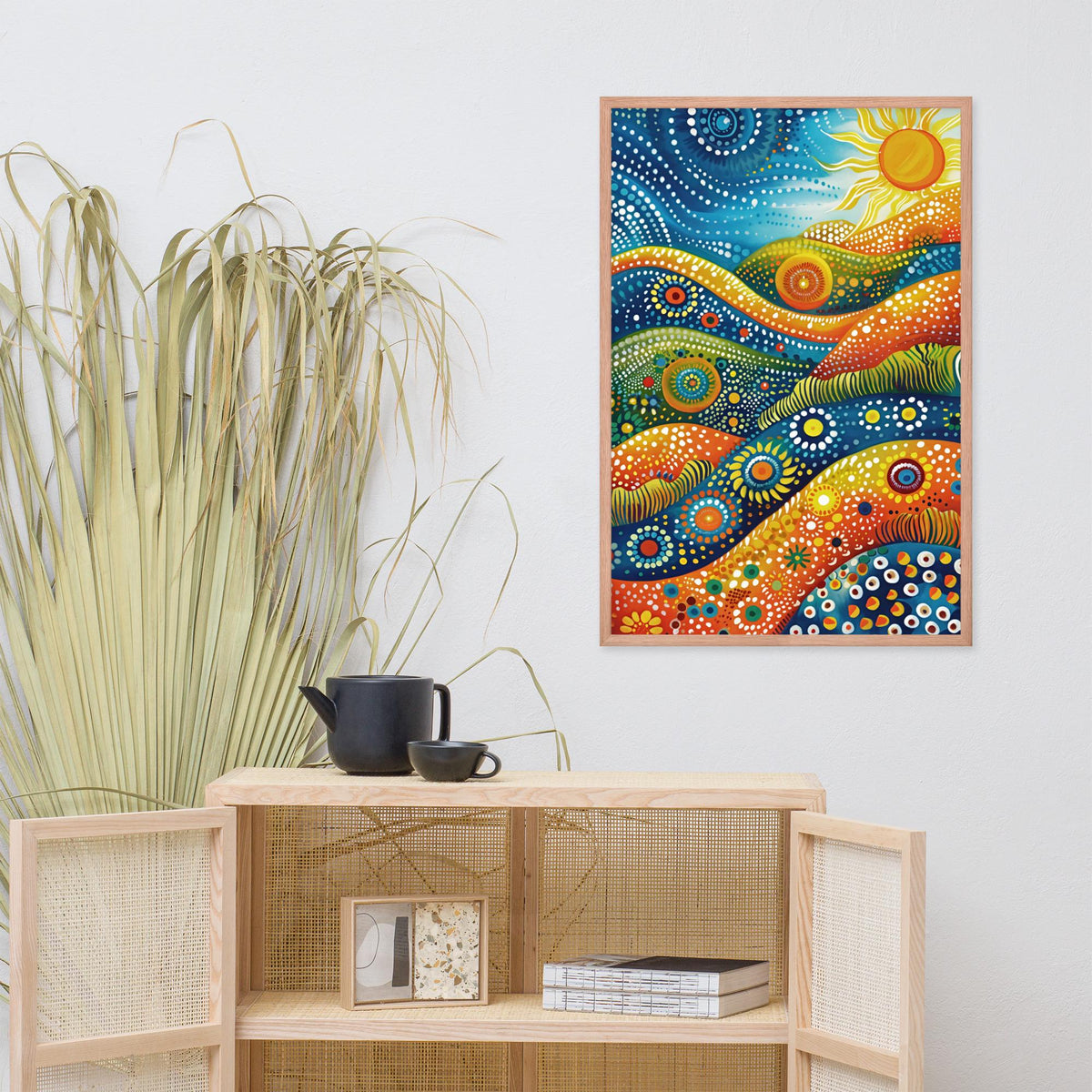 Aboriginal Dot Art Sunrsie Print mockup highlighting australian art and indigenous art style