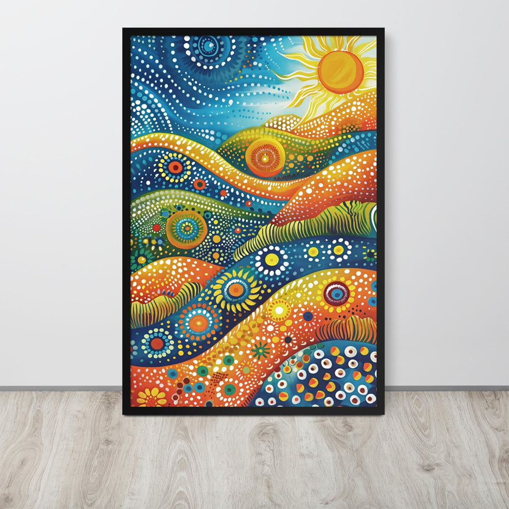 Aboriginal Dot Art Sunrsie Print displayed in a modern room, ideal boho wall art accent for indigenous poster