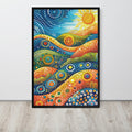 Aboriginal Dot Art Sunrsie Print displayed in a modern room, ideal boho wall art accent for indigenous poster
