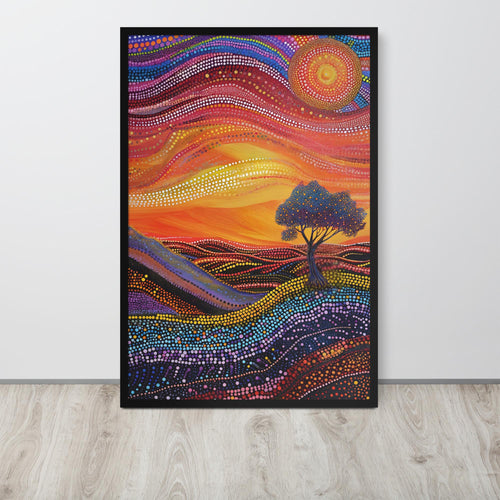 Aboriginal Dot Print hanging as vibrant wall art decor with a gallery wall look