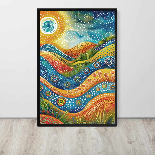 Sunrise Aboriginal Print displayed in a modern room, ideal boho wall art accent for indigenous poster