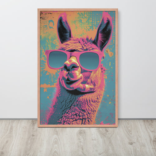 Whimsical Pop Art poster featuring a colourful alpaca wearing pink sunglasses, displayed against a light wall on a light wood floor.