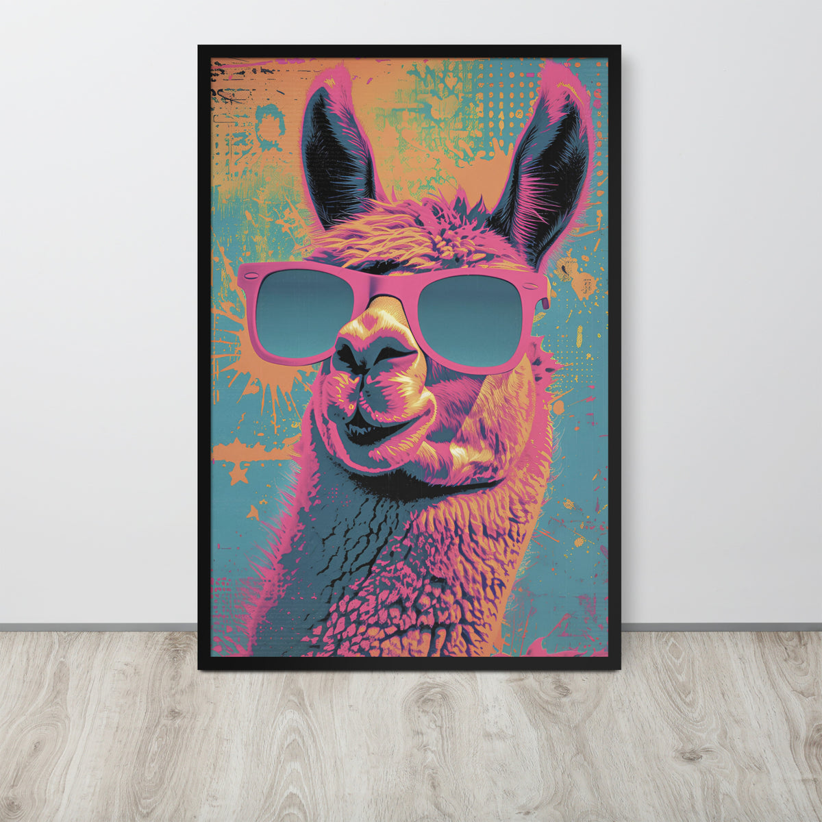 Whimsical Pop Art Decor style poster featuring an alpaca wearing pink sunglasses, displayed against a light wall on a light wood floor.