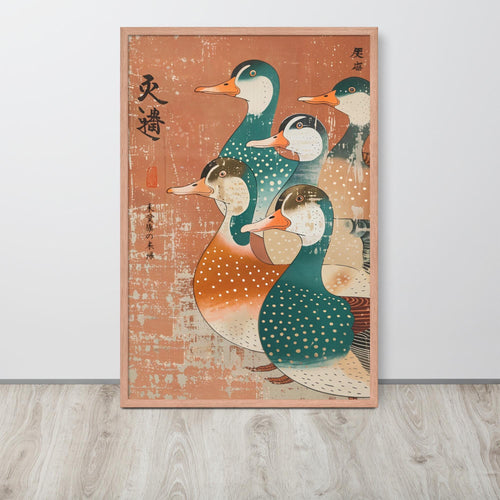Ancient Japanese Mid-Century Duck Wall Art Print styled on a wall, blending bird art and japanese poster inspiration