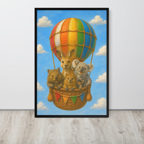 Australian Animals Hot Air Balloon Nursery Wall Art mockup highlighting australia poster and hot air balloon art style