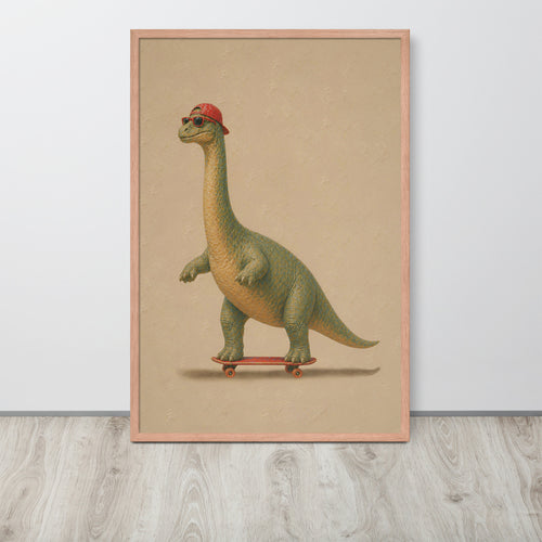 Dinosaur nursery wall art print featuring a green brachiosaurus dinosaur wearing a red cap and riding a red skateboard, displayed against a light gray wall on a light wood floor.