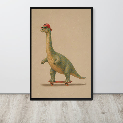 Children's dinosaur nursery wall art print featuring a green brachiosaurus dinosaur wearing a red cap and riding a red skateboard, displayed against a light gray wall on a light wood floor.