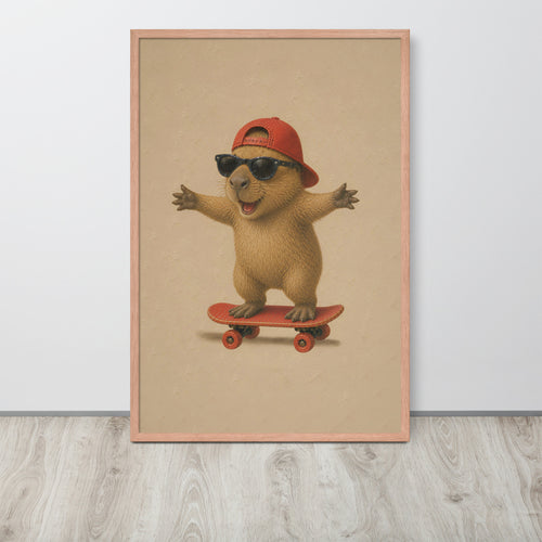 A framed wall art print featuring a cartoon capybara wearing a red cap and black sunglasses while riding a red skateboard, displayed against a light gray wall on a light wood floor.