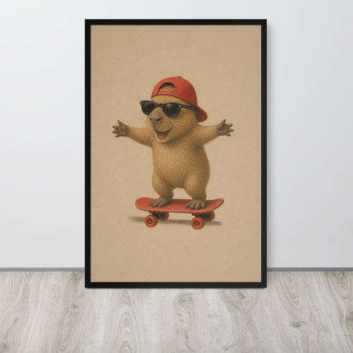 Baby Capybara Skateboard Wall Art displayed in a modern room, ideal baby capybara print accent for capybara wall art