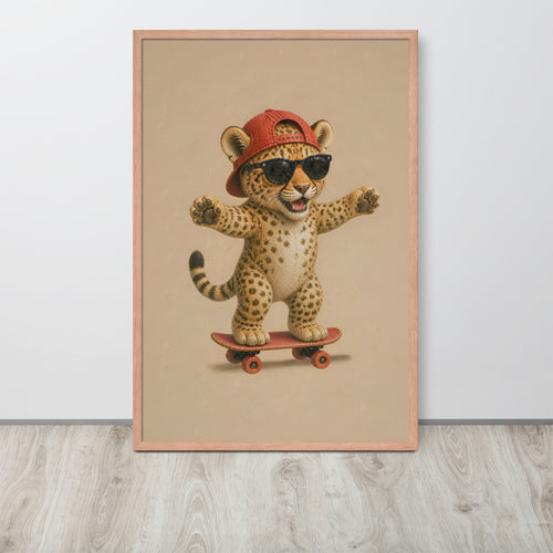 Baby cheetah nursery wall art print featuring a cute cartoon cheetah cub wearing a red cap and sunglasses while riding a skateboard, displayed against a light gray wall on a light wood floor.