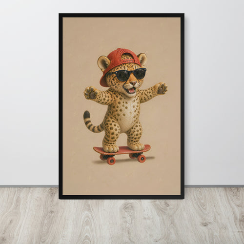 Cheetah nursery wall art print featuring a cute baby cheetah wearing a red cap and black sunglasses while riding a skateboard, displayed against a light gray wall on a light wood floor.