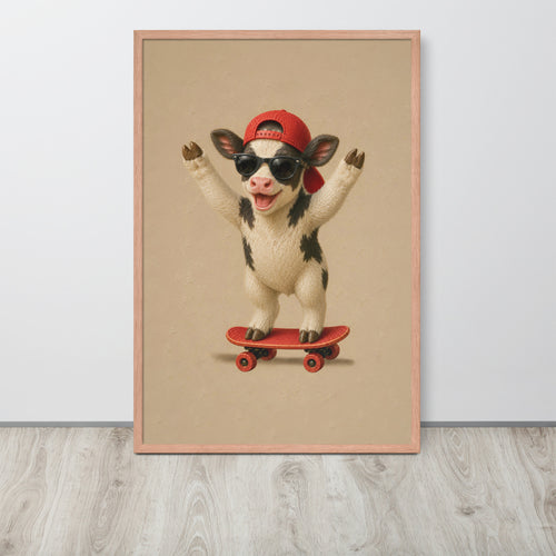 A framed farm nursery art print featuring a cute cartoon cow wearing a red baseball cap backwards, black sunglasses, and balancing on a red skateboard against a beige background, displayed on a light wood floor against a white wall.