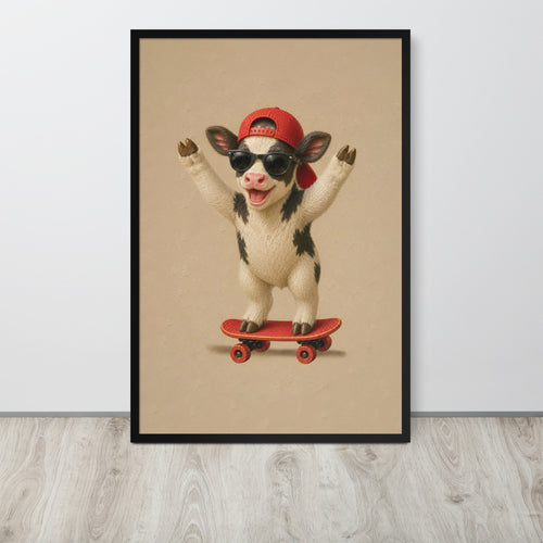 A framed vertical nursery wall art print featuring a cute cartoon cow wearing a red cap and black sunglasses while riding a red skateboard, displayed against a light gray wall on a wood floor.