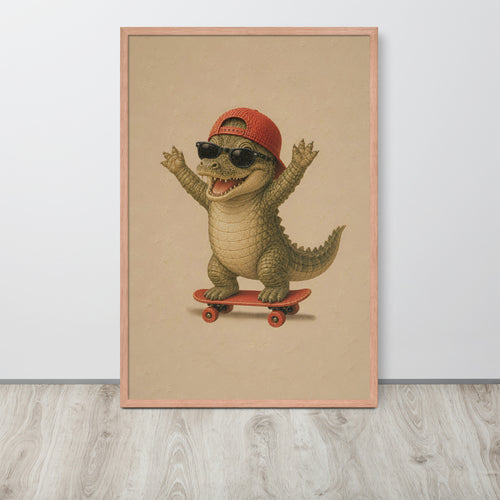 Crocodile jungle nursery wall art print featuring a cartoon crocodile wearing a red cap and sunglasses while riding a red skateboard, displayed against a light gray wall on a light wood floor.