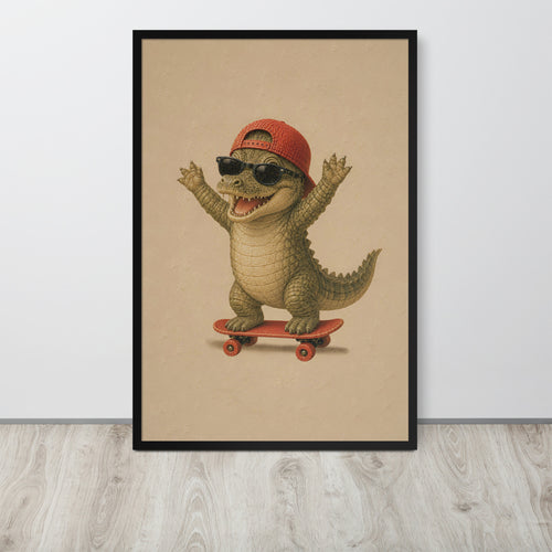 Crocodile safari nursery wall art print featuring a cartoon crocodile wearing a red cap and sunglasses while riding a red skateboard, displayed against a light gray wall on a wood floor.