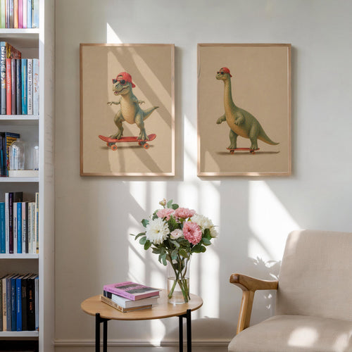 Baby Dinosaur Skateboard Set of 2 Prints styled on a wall, blending dino poster and dinosaur skateboard inspiration
