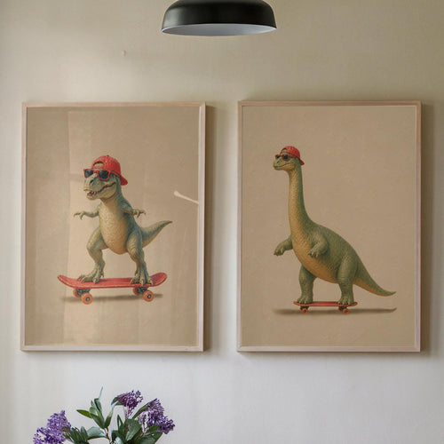 Baby Dinosaur Skateboard Set of 2 Prints featuring baby dinosaur, perfect dinosaur set for home decor