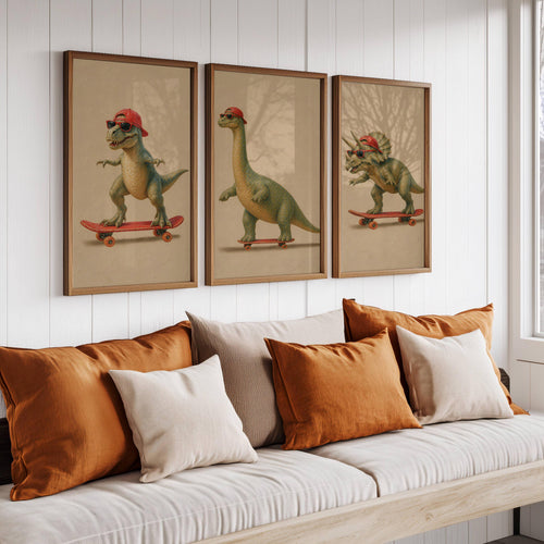 Baby Dinosaur Skateboard Set of 3 Prints styled on a wall, blending dinosaur art set and nursery wall art set inspiration
