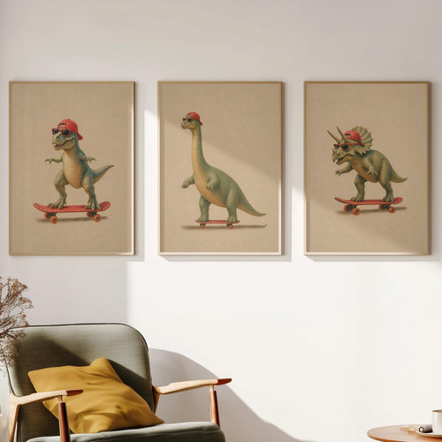 Baby Dinosaur Skateboard Set of 3 Prints featuring 3 piece wall art, perfect dinosaur wall art for home decor