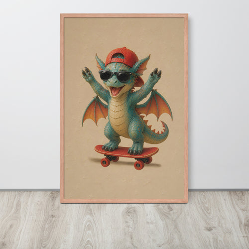 A framed fantasy nursery wall art poster print featuring a cute green cartoon dragon wearing a red cap and sunglasses while riding a red skateboard, displayed against a light gray wall on a light wood floor.
