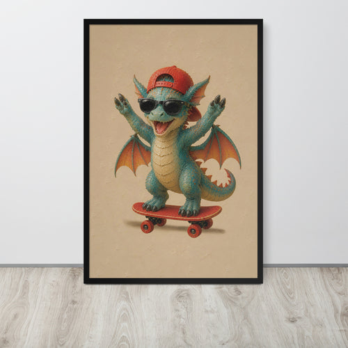 A framed vertical dragon nursery wall art print featuring a cute blue-green dragon wearing a red cap and sunglasses while riding a red skateboard, displayed against a light gray wall on a wood floor.