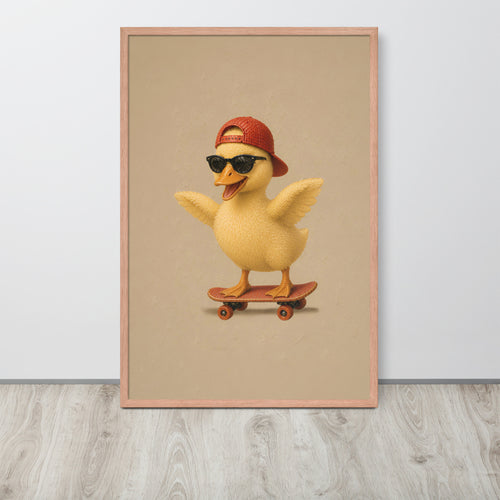 Duckling nursery decor wall art print featuring a cute yellow duckling wearing a red cap and black sunglasses while riding a skateboard, displayed on a light gray wall above a wood-look floor.