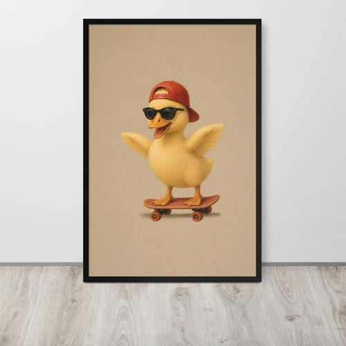 Duckling nursery wall art print featuring a cartoon yellow duck wearing a red cap and black sunglasses while riding a skateboard, displayed against a light gray wall on a wood floor.