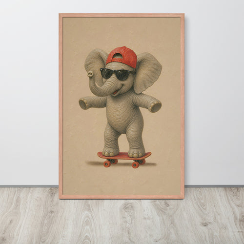 Baby elephant nursery wall art print featuring a young elephant wearing a red cap and sunglasses while riding a skateboard, displayed against a light gray wall on a light wood floor.