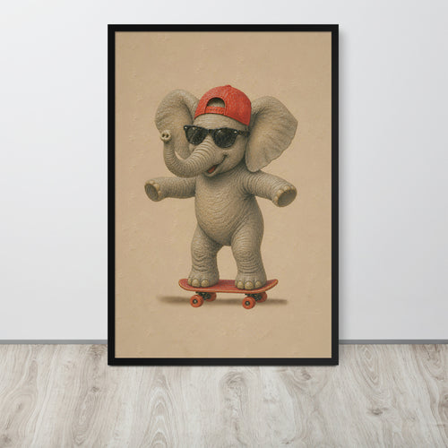 Elephant nursery wall art print featuring a cute baby elephant wearing a red cap and sunglasses while riding a skateboard, displayed on a light gray wall above a wood-look floor.