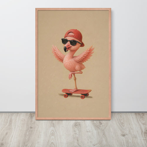Skateboard nursery wall art print featuring a pink flamingo wearing a red cap, sunglasses, and a red skateboard, displayed against a light gray wall on a light wood floor.