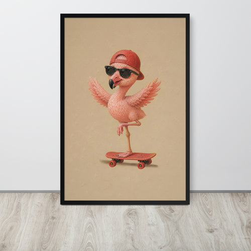 Flamingo nursery wall art print featuring a pink flamingo wearing a red cap, sunglasses, and a red skateboard, displayed against a light gray wall on a light wood floor.