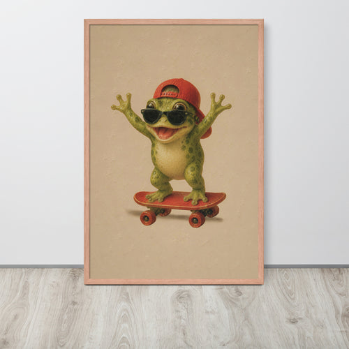 Frog nursery decor featuring a cartoon green frog wearing a red cap and sunglasses while riding a red skateboard, displayed against a light gray wall on a light wood floor.