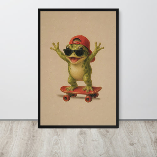 A framed frog nursery wall art print featuring a green cartoon frog wearing a red cap and sunglasses while riding a red skateboard, displayed against a light gray wall on a light wood floor.