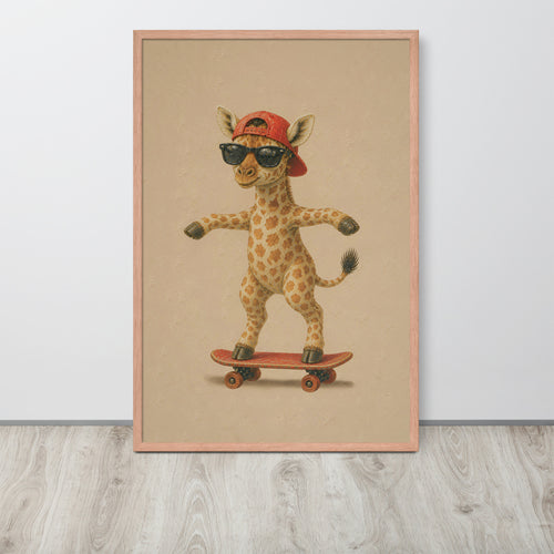 Safari nursery decor giraffe wall art print featuring a cartoon giraffe wearing a red cap and black sunglasses while balancing on a skateboard, displayed against a light gray wall on a light wood floor.