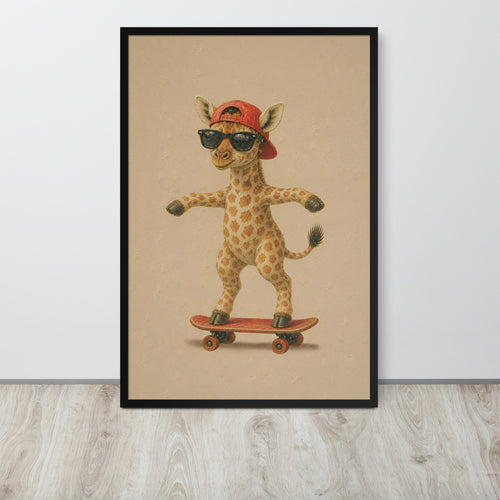 Giraffe nursery wall art print featuring a baby giraffe wearing a red cap and black sunglasses while balancing on a skateboard, displayed against a light gray wall on a wood floor.