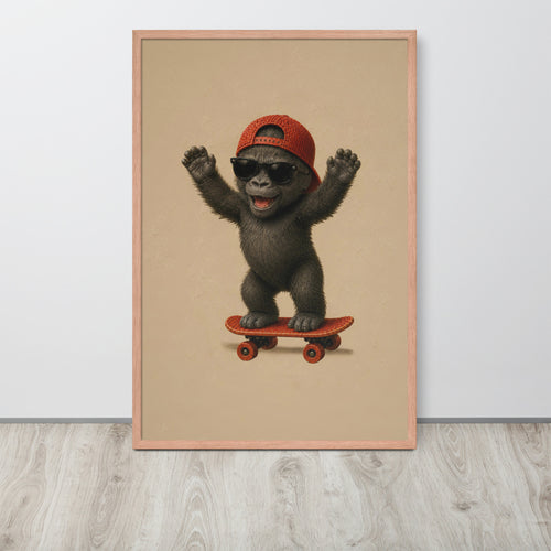 A framed safari nursery wall art print featuring a cartoon gorilla wearing a red cap and sunglasses while riding a red skateboard, displayed against a light gray wall on a light wood floor.
