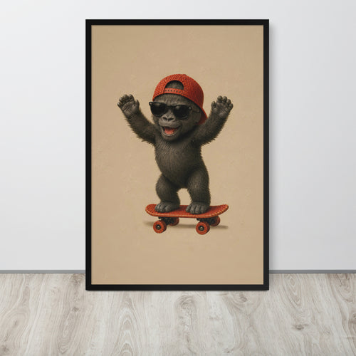 A framed vertical jungle nursery wall art print featuring a cartoon gorilla wearing a red cap and sunglasses while riding a red skateboard, displayed against a light gray wall on a light wood floor.