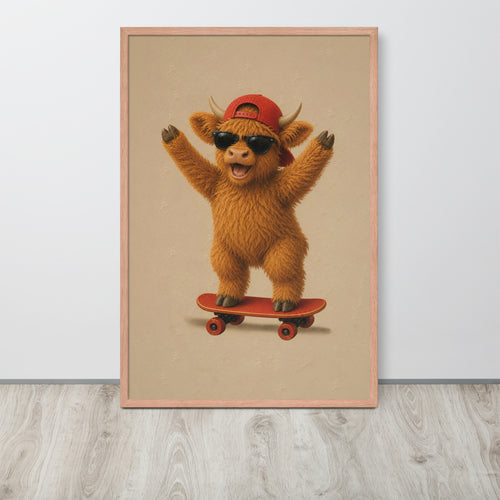 Highland cow nursery wall art print featuring a fluffy golden-brown highland cow animal wearing a red cap and sunglasses while riding a red skateboard, displayed against a light gray wall on a wood floor.