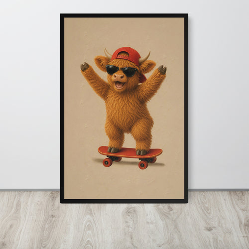 Farm nursery decor wall art print featuring a fluffy golden-brown cartoon highland cow wearing a red cap and sunglasses while riding a red skateboard, displayed against a light gray wall on a wood floor.